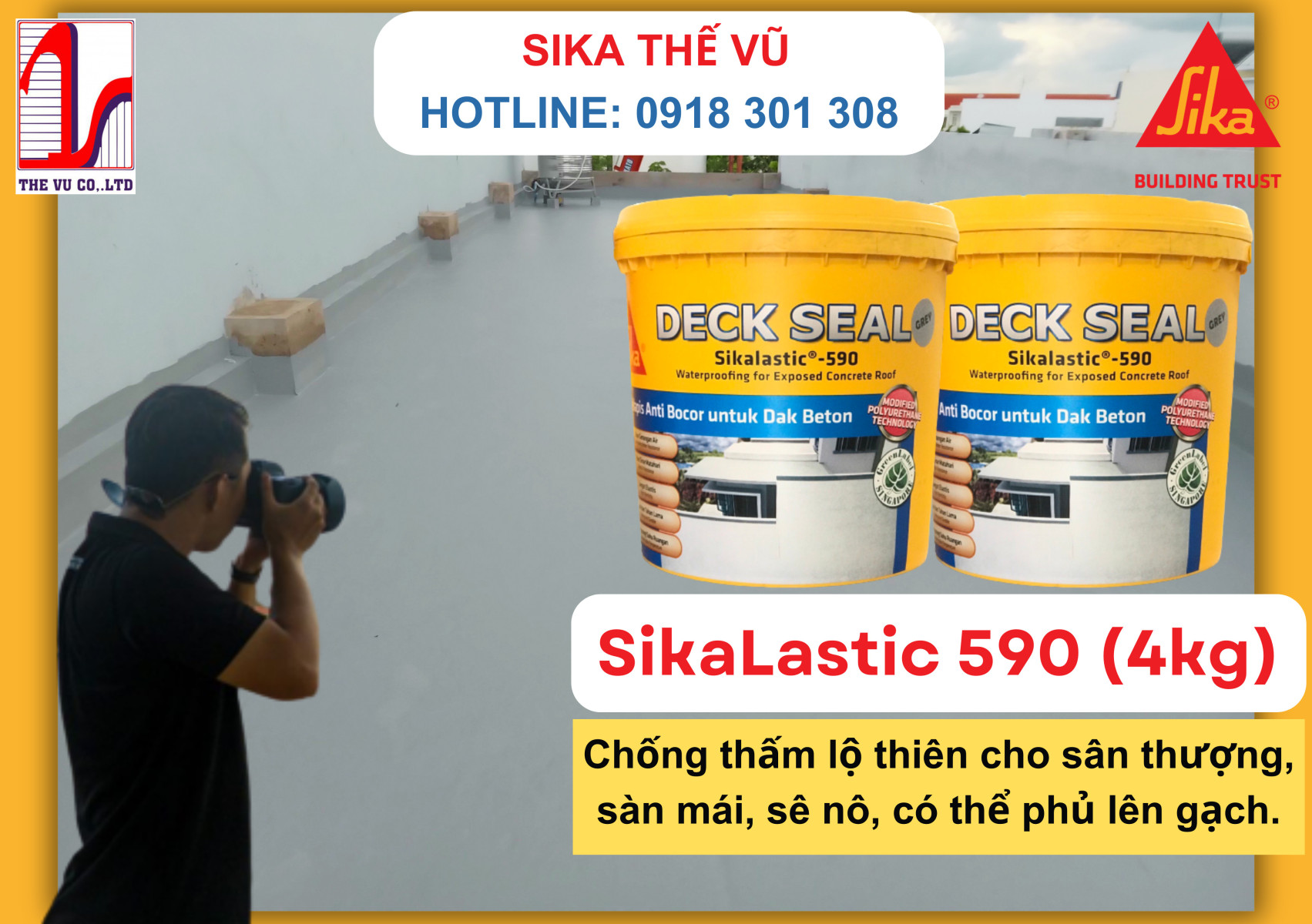 Hàng mới về Sikalasstic 590 4Kg - Giải pháp chống thấm cho các máng xối nhỏ nhỏ, sàn mái, sân thượng lộ thiên