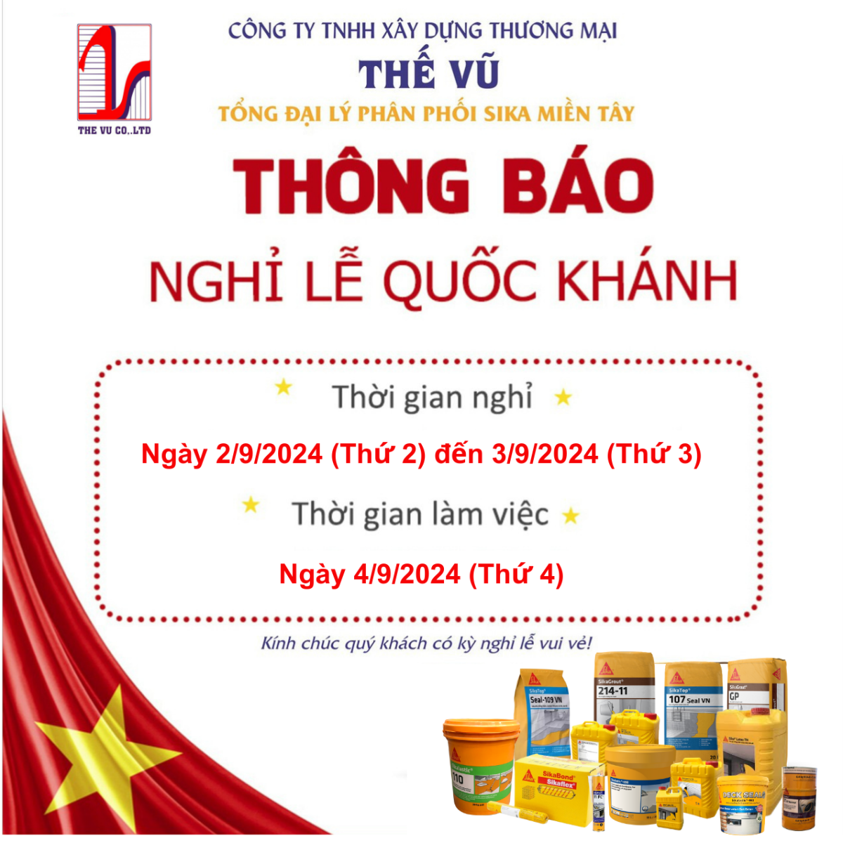 Thông báo nghỉ lễ Quốc Khánh 2/9 - Công ty TNHH XD TM Thế Vũ - Tổng đại lý phân phối Sika Miền Tây